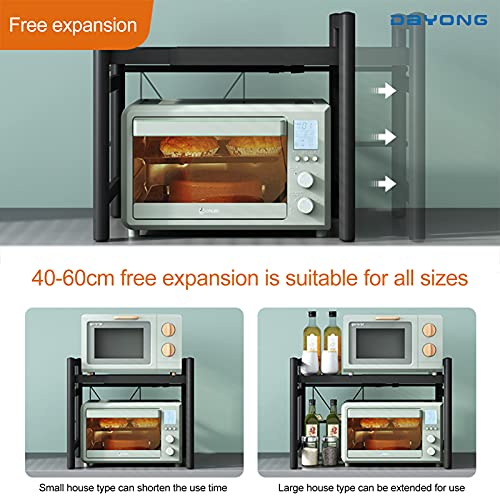 DAYONG Microwave Oven Rack,Expandable Horizontal Extension Microwave Shelf Toaster Oven Stand Rice Cooker Stand Kitchen Counter Top Organizer 2-tier with 6 Hooks