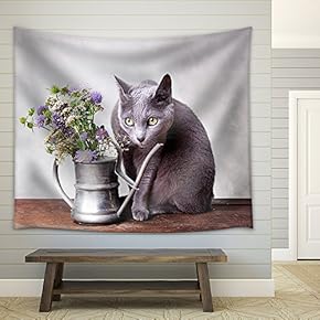 Cat with Flowers in Old Decorative Watering Can - Fabric Wall Tapestry Home Decor - 51x60 inches