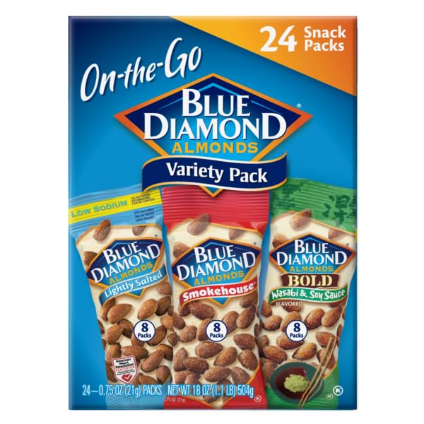BLUE DIAMOND ALMONDS SNACK NUT VARIETY PACK FOR KIDS, OFFICE, SCHOOL, ON-THE-GO, 0.75 OZ GLUTEN FREE INDIVIDUAL PACKS, WASABI & SOY SAUCE, LIGHTLY SALTED, AND SMOKEHOUSE (PACK OF 1,24 COUNT TOTAL)
