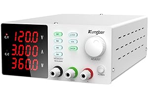 Kungber DC Power Supply Variable with Memory, 120V 3A Adjustable Switching Regulated DC Bench Linear Power Supply with Memory Recall and Output Disable Button 4 Digits Display and Alligator Leads