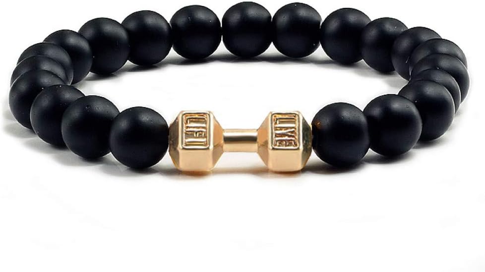 DUSHOULIAN Bracelet,Natural Black Volcanic Lava Stone Dumbbell Bracelet Black Matte Beads Bracelets for Women Men Fitness Barbell Jewelry