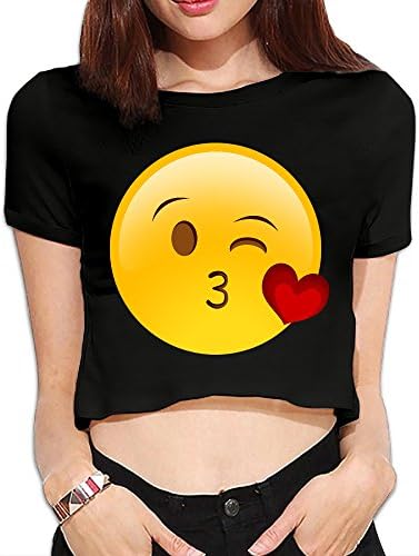 GqutiyulU Kiss Heart Emoji Women's Basic Flowy Crop Top T-Shirt M Black