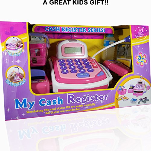 ANJ Kids Toys - Durable Pretend Play Cash Register Toy for Kids | POS Scanner, Microphone, Calculator, Card Terminal and Conveyor Belt | Supermarket Cashier Toy with Play Money and Groceries!
