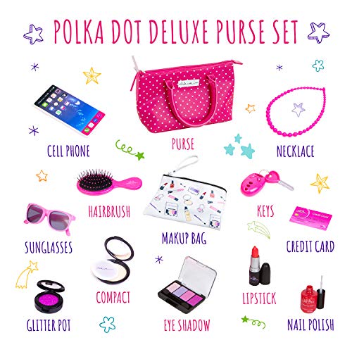 PixieCrush Deluxe Pretend Play Kid Purse Set for Girls with Handbag, Pretend Smart Phone, Keys, Pretend Makeup, Lipstick - Interactive & Educational Toy (Pink Polka Dot)