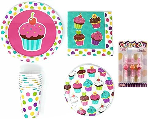 PartyDeiz Bundle Cupcake &amp; Dots Theme (10 Paper Dinner Plates, 10 Paper Dessert Plates, 20 Luncheon Napkins and 8 Paper Cups) Birthday Party Supplies