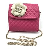 Elesa Miracle Kids Girl Quilted Leather Crossbody Handbag Purse, Chain Bag Little Girl Metal Chain Strap Bag (Hot pink with White Flower)