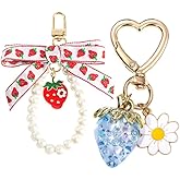 SunixSonie 2Pcs Strawberry Keychain Charm Cute Bag Charms Flower Daisy Pearl Bow Keychain Strawberry gift for Women