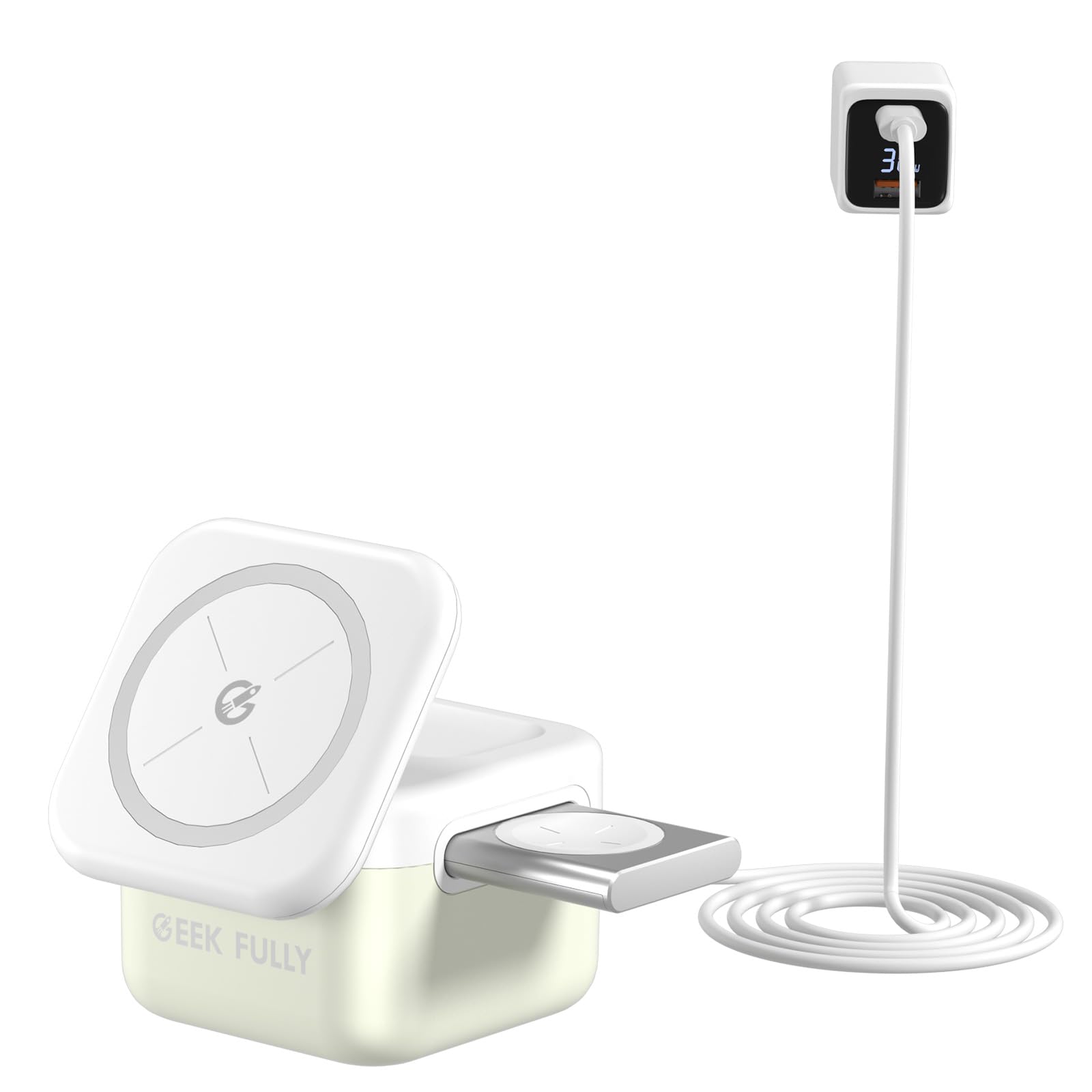 Photo 1 of ***POSSIBLY FOR PARTS *** GEEK FULLY 3 in-1 Magnetic Charger 15W Fast Charging Foldable Charger Stand for Apple Devices Compatible with Phone, AirPods 3/2/pro, iWatch Series (Included 33W Digital Display Adapter)