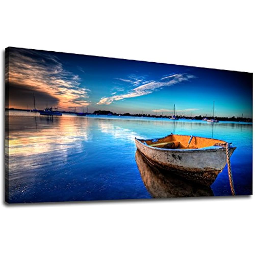 Canvas Wall Art Boat Blue Lake Water Sunset Panoramic Painting Long Nature For eBay