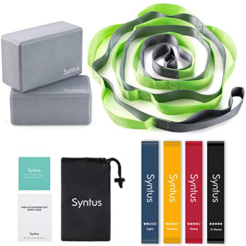 Syntus 9-in-1 Yoga Set, 1 Yoga Strap with 12 Loops, 2 EVA Foam Soft Non-Slip Yoga Blocks 9×6×4 inches,4 Resistance Bands with Instruction Book for Yoga, Pilates, Stretching and Toning Workouts