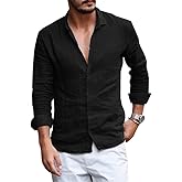 Runcati Mens Button Down Shirt Linen Cotton Shirts Casual Long Sleeve Spread Collar Beach Plain Tops
