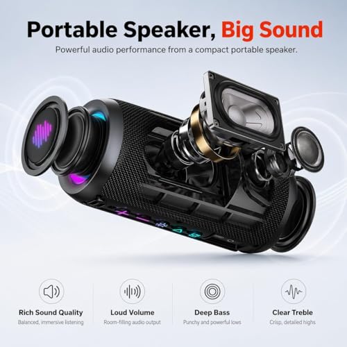 TIMU Portable Bluetooth Speaker, Powerful Sound Wireless Speaker: Boost Bass, Bluetooth 5.4, 24H Playtime, 8 RGB Modes, IPX7 Waterproof, TWS Pairing, Beach/Vacation Essentials, Gift Ideas（Black）