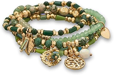 Set of 5 Gold Tone Multi-Charm Green Stones Fashion Stretch Bracelets