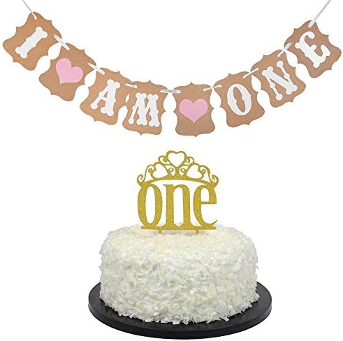 Gold Glitter "One" Cake Topper Decoration and "I Am One" Banner Set