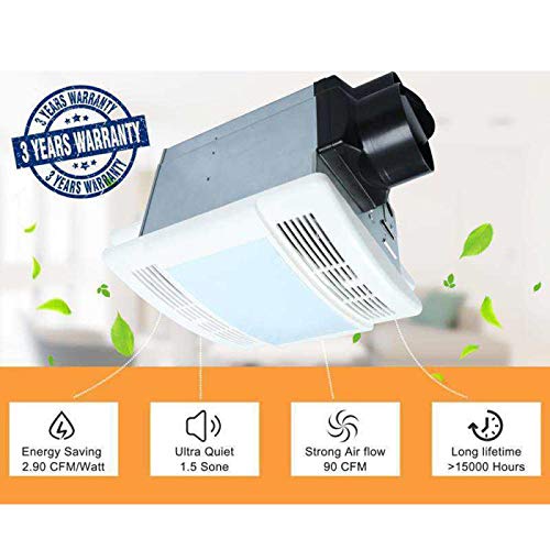 Ultra Quiet Bathroom Exhaust Fan With LED Light 90CFM 1.5 Sone (12W E26