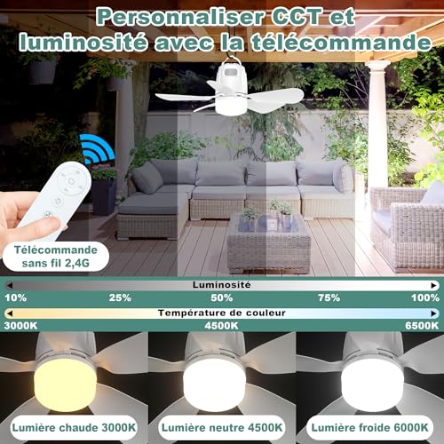 Gliztech Solar Fan with Light, Pavilion Ceiling Fan Lamp, Solar Panel and Remote Control, Suitable for Patio, Parasol, Workshop, Gazebo, Camping Canvas, Terrace.
