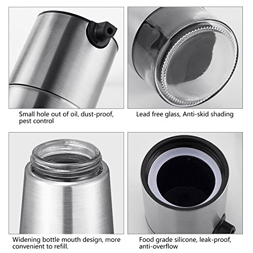 Kitchen Oil Dispenser - VAKOO Stainless Steel Olive Oil and Vinegar Cruet Dispenser Set - BPA-free Leak-proof Glass Oil Bottles - Best Cooking Oil Container for Kitchen - Thumbnail 6