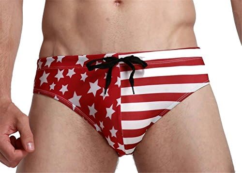 Cameinic Men's Fashion Flag Stars Swimwear Bikini Briefs Beach Swimsuit Red