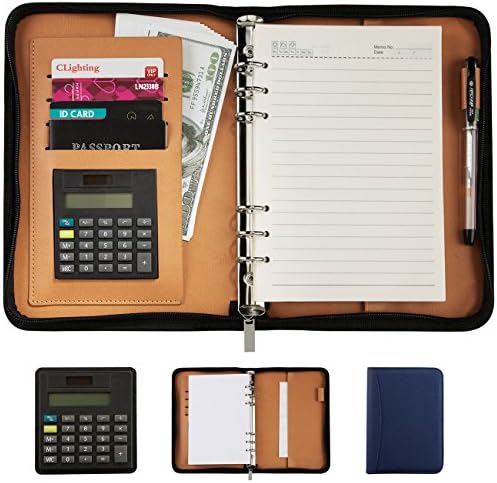 CLighting Premium PU Leather Business Portfolio Organizer Notebook Zippered Office A5 Notepads with removable Calculator Pen Money Card Passport Holder(Blue)