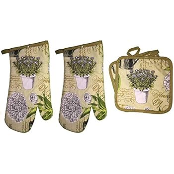 Set of 4 Flowers Collection Ultra Absorbent Printed Decorative Kitchen Set Includes 2 Pot Holder, 2 Oven Mitt.
