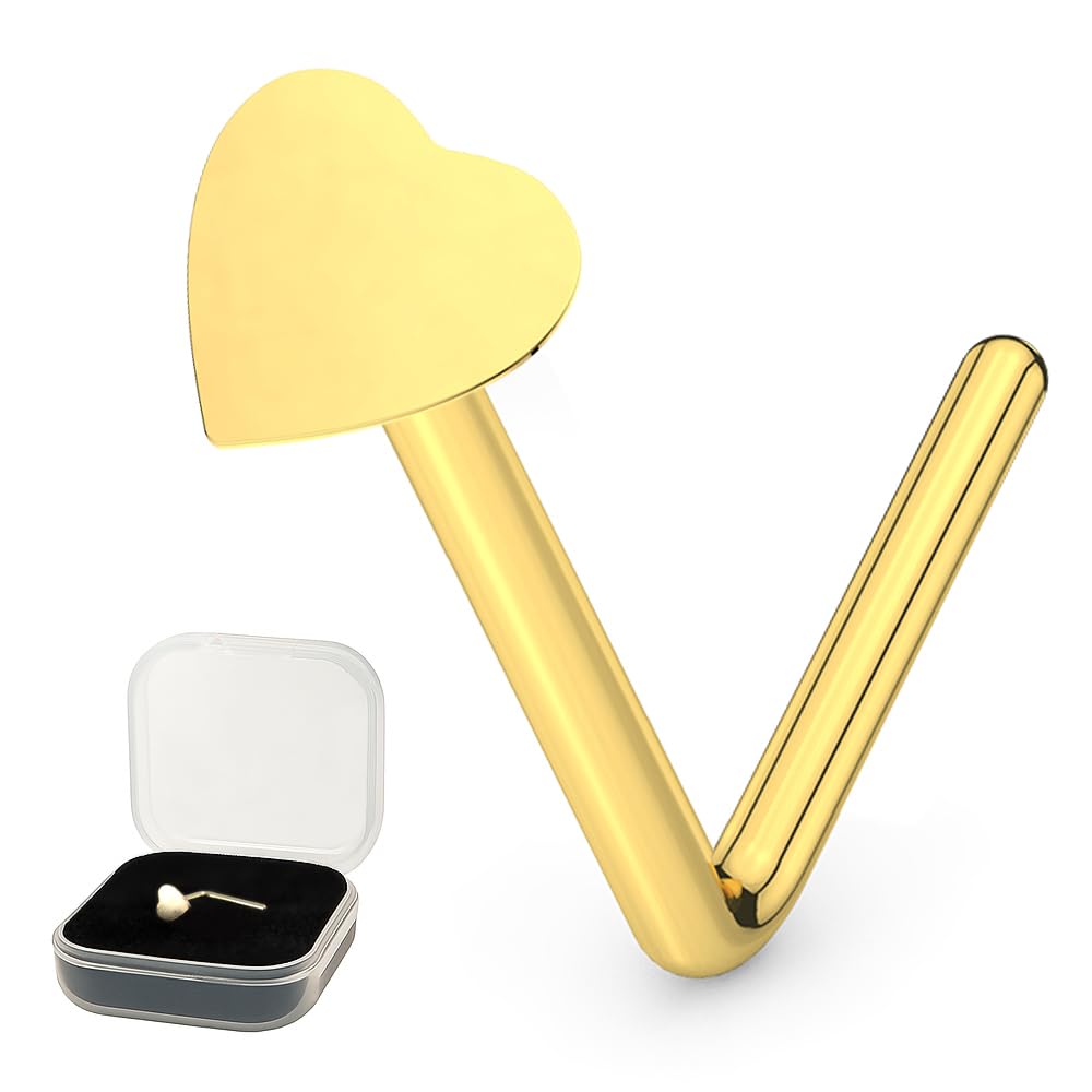 AZARIO LONDON 9K Solid Yellow Gold Plain Heart Top 22 Gauge L Bend Nose Stud Piercing