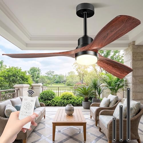 Forrovenco Ceiling Fan with Light and Remote Control, 52 Inch Strong Winds Silent Reversible DC Motor 3 Blades Wood Modern Design for Indoor Outdoor Patio Farmhouse, 52", Walnut