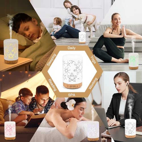 GuKKK Ceramic Essential Oil Diffuser Humidifier, 100 ml Silent Ultrasonic Aromatherapy Humidifier, with Timers and 7 LED Colours, for Home Office Bedroom