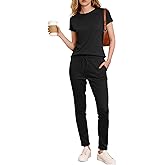 Punude Womens Pajama Sets 2 Piece Ribbed Short Sleeve Sleepwear Shirt with Long Pajama Pants with Pockets