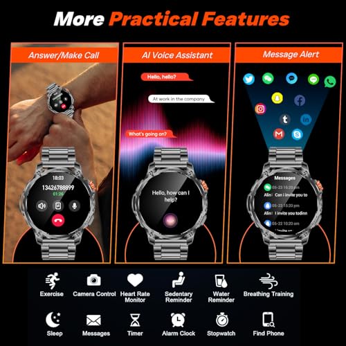 Men's Smart Watch Smartwatch Watch: 1.85 Inches Fitness Smart Watches with Bluetooth Call 5.3 Sleep Heart Rate Monitor SpO2 Pedometer 100+ Sports Modes Android iOS Compatibility Steel