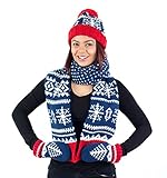 Hat Scarf Mittens Set, Holiday Christmas Winter Pattern, Blue Red White Green Grey