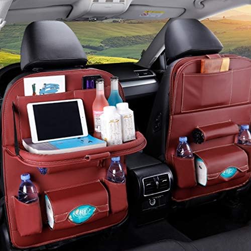 LanPerro Auto Car Storage Organiser, Heavy Duty Collapsible Foldable Storage with Foldable Dining Table,Seat Belt Attachment, Cup Holders And Foldable Pockets,for Truck, SUV, Jeep & More,Red