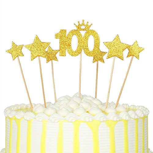 PALASASA Gold glitter 100 Days Cake Topper and pentacle for Parties Baby Happy Birthday,set of 7 - Thumbnail 3