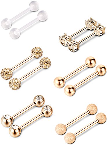 Sumind 6 Pairs Nipple Tongue Ring Stainless Steel Barbell Rings Cubic Zirconia Nipplerings Body Piercing Jewelry, 14…