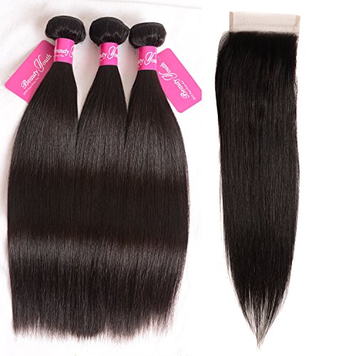 Beauty Youth Brazilian Straight Virgin Hair 3 Bundles Brazilian Straight 7A Unprocessed Virgin Hair Human Hair Bundles (8 10 12+8 free part, Natural Color)