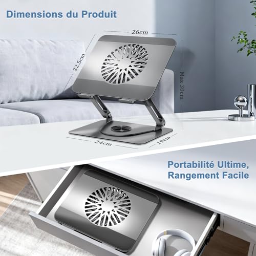 ICARE Laptop Stand with Magnetic Laptop Fan, 360° Rotation, Load Capacity of 10 kg and 18 dB Silence, Stand for Laptops/Tablets up to 16 inches (Grey)