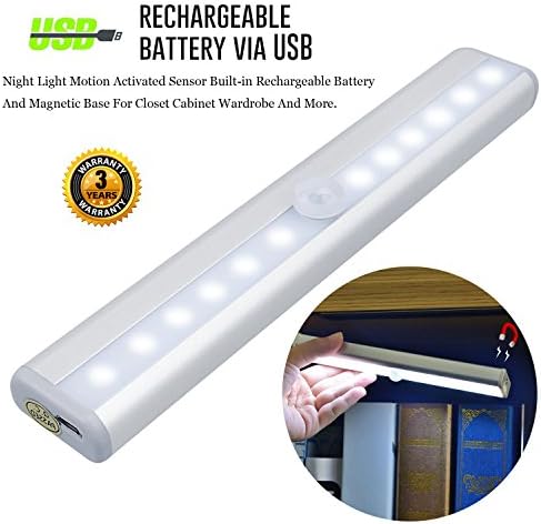 Cabinet Light Rechargeable Closet Night 10 LEDs Motion Sensing Stick on Anywhere Wireless Super Bright Infrared Detection Sensor Wall Bar Under Drawer Toilet Door Lamp with Magnetic Strip