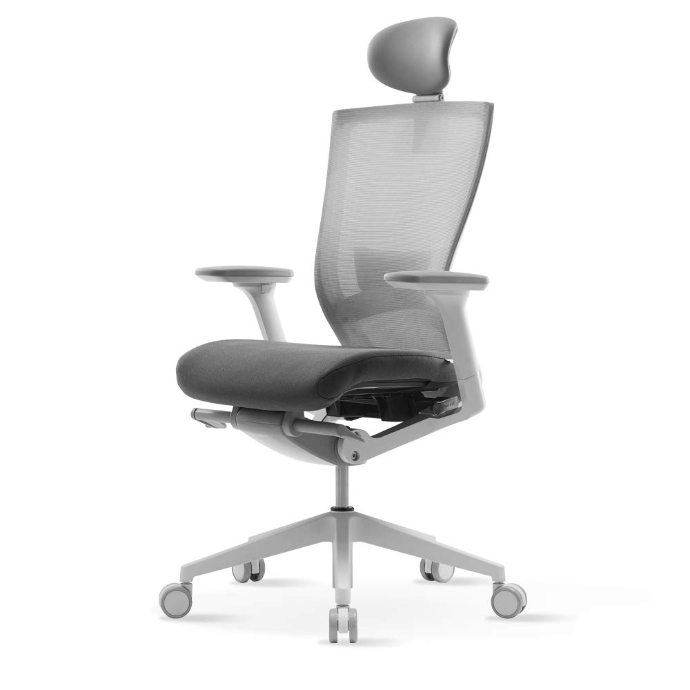 SIDIZ T50 Home Office Desk Chair : Ergonomic White Office Chair With Grey Fabric, Adjustable Headrest, 2-Way Lumbar Support, 3-Way Armrests, Forward Tilt Adjustment, Adjustable Seat Depth