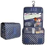 Hanging Travel Toiletry Cosmetic Bag - Sazooy Portable Makeup Bag Waterproof Travel Cosmetic Accessories Bag Bathroom Storage Bag Hanging Organizer Bag for Women Girls Men (Navy Dot)
