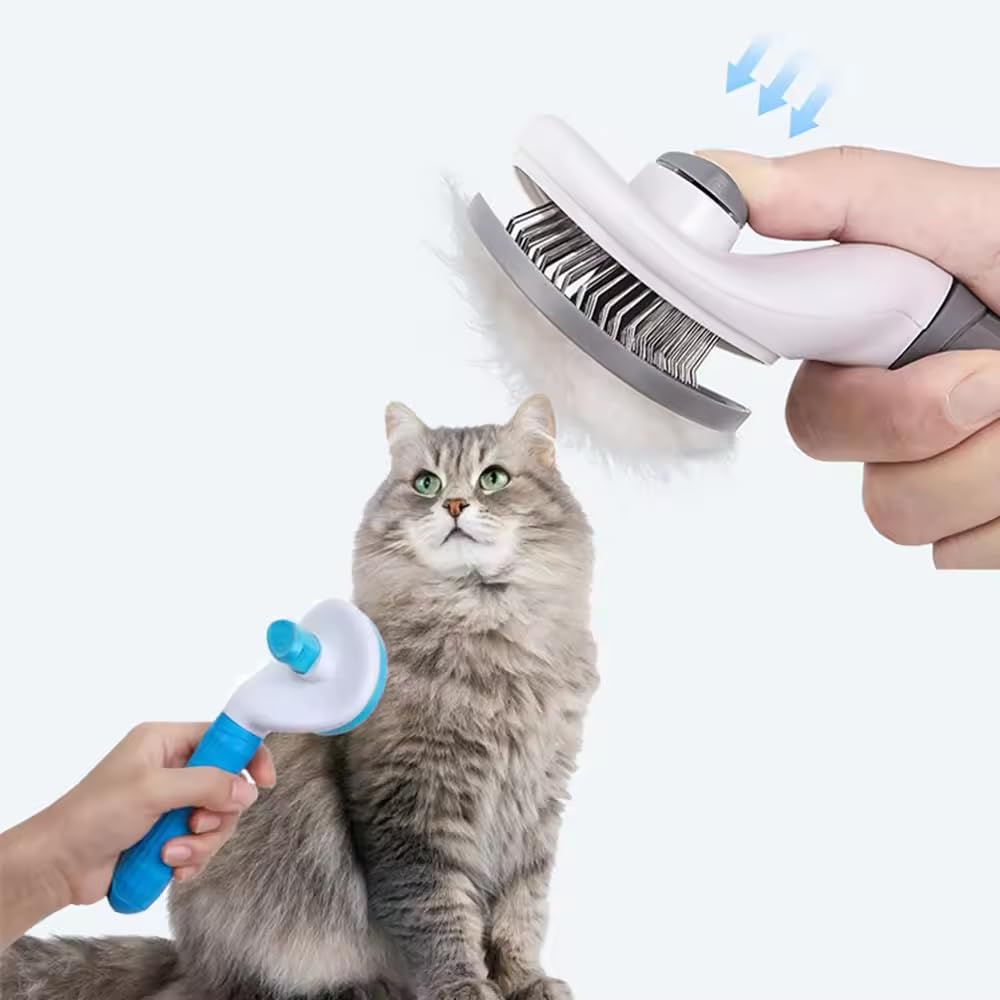 SIZAH Cat Dog Brush for Shedding, Cat Dog Hair Brush with Release Button for Indoor Cats Dogs Self Cleaning Grooming, Grey
