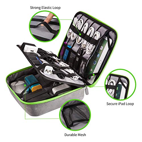 Electronics Organizer,Electronic Accessories Double Layer Travel Cable Organizer Cord Storage Bag for Cables, iPad (Up to 11''),Power Bank, USB Flash Drive and More-(Gray)