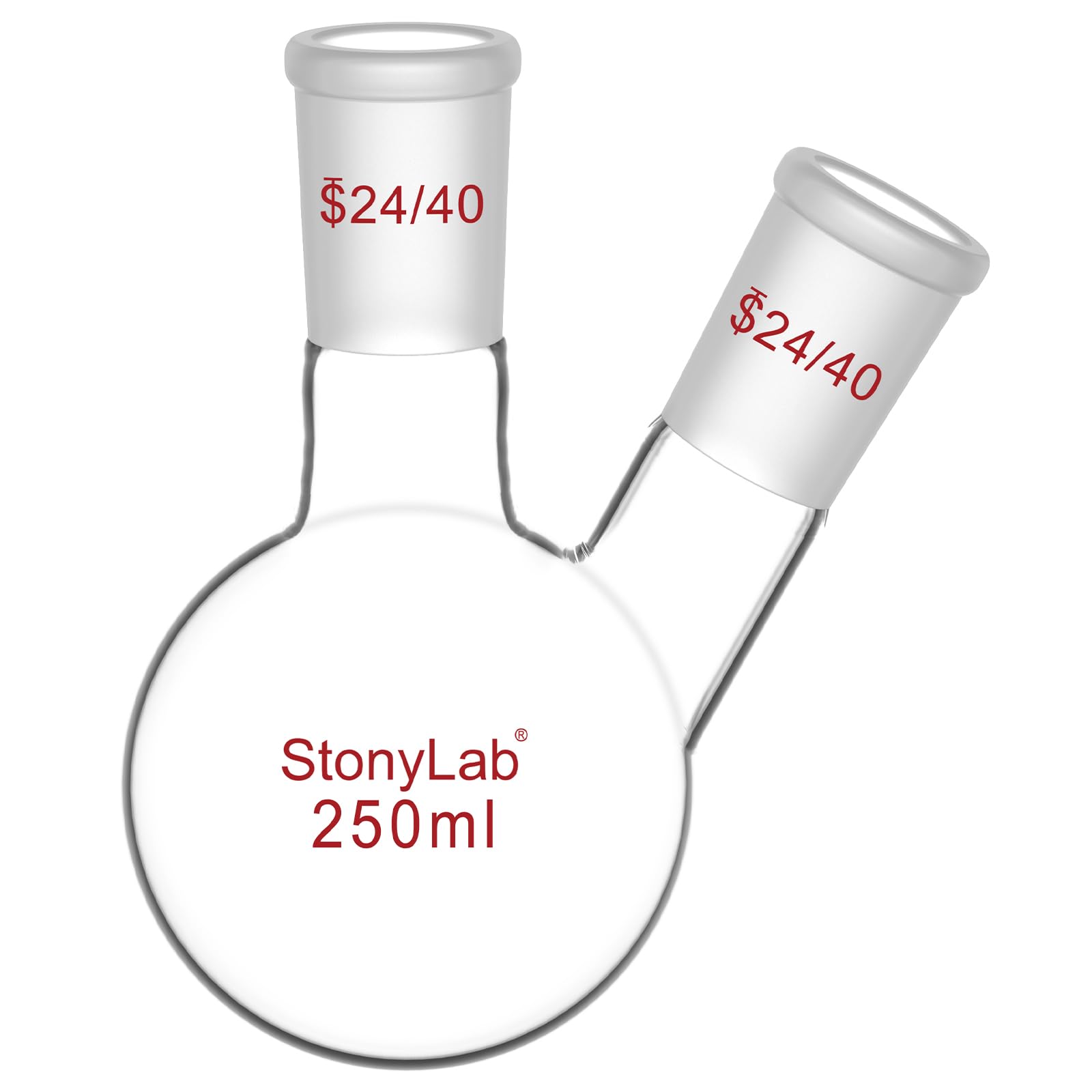 StonyLab Borosilicate Glass 2 Neck Round Bottom Flask RBF, with 24/40 Center and Side Standard Taper Outer Joint - 250ml