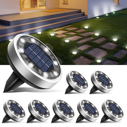 btfarm Set of 8 Solar Ground Lights, 8 LED Garden Outdoor Waterproof Solar Light, Solar Outdoor Spotlight for Paths, Lawn, Patio, Driveway, Courtyard, Swimming Pool, Cool White
