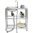 Yeeoy Free Standing Utility Sink, Stainless-Steel Single Bowl Commercial Restaurant Kitchen Sink Set with Faucet Drainboard & Storage Shelves, Outdoor Sink for Cafe Bar Bathroom Garage Laundry