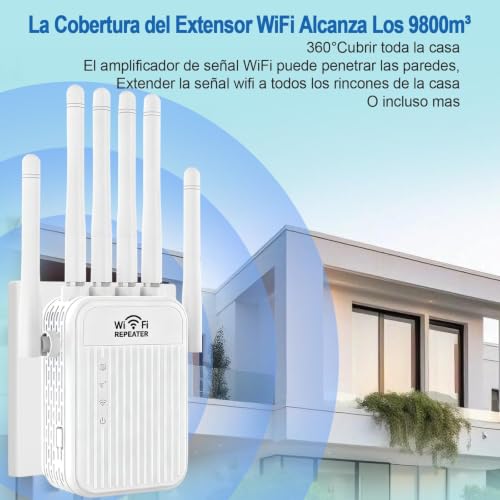 Amplificador Señal WiFi 5G /2.4G Repetidor WiFi Largo Alcance Doble Banda WiFi Extender con 6 Antenas de Alta Ganancia, Puerto LAN, Extensor de WiFi para casa y Oficina,Fácil de Instalar