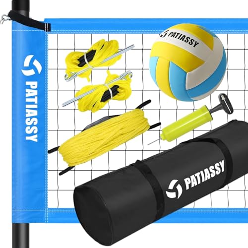 Patiassy Volleyballnetz Garten Outdoor Mobiles Set Mit Stangen, Höhenverstellbar Volleyball Netz, PU Volleyball, Handpume, Grenzlinie, Tragetasche für Rasen Standardgröße 9,5m* 1m
