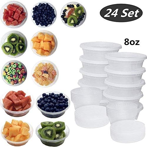Tsyware 24 Pack 8oz Leakproof Durable Plastic Microwaveable Reusable Clear Takeout Travel Deli Food Storage Containers Lids, Dishwasher Freezer Safe, BPA Free Premium Quality (8oz)