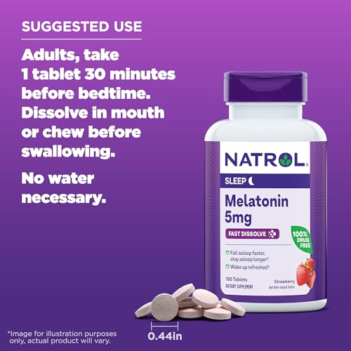 NATROL FAST DISSOLVE MELATONIN 5 MG, MELATONIN SUPPLEMENTS FOR RESTFUL SLEEP, SLEEP SUPPORT FOR ADULTS, 150 STRAWBERRY-FLAVORED TABLETS, UP TO A 150 DAY SUPPLY