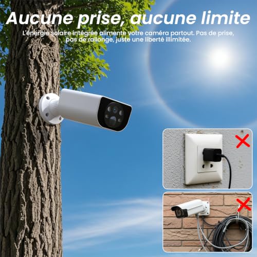 Cinnado 2K Camera Surveillance WiFi Exterieure sans Fil - Camera Exterieur sans Fil Solaire avec Panneau Solaire Intégré, 2.4GHz, Audio Bidirectionnel, Vision Nocturne Couleur, Alerte PIR, IP65