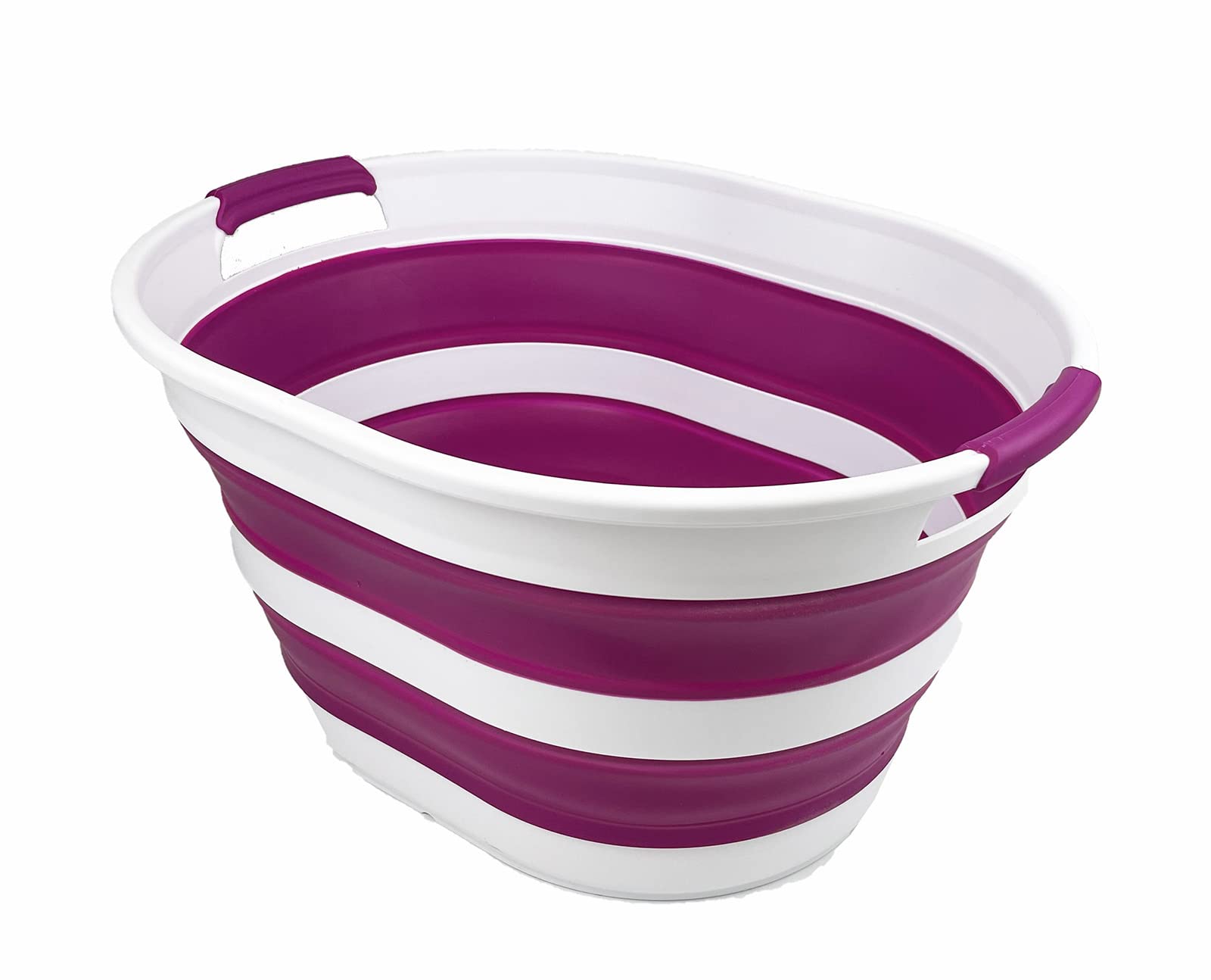 SAMMART - 23L Collapsible Plastic Laundry Basket - Oval Tub/Basket - Foldable Storage Container/Organizer - Portable Washing Tub - Space Saving Laundry Hamper (1, White/Purple)