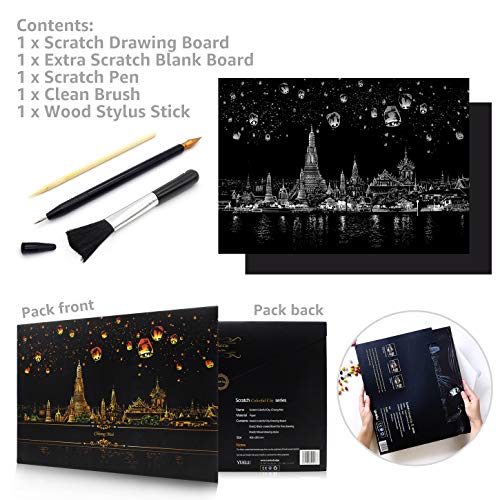 Scratch Art Rainbow Painting Paper, Sketch Pad DIY Night View Scratchboard for Kids & Adults, Engraving Art & Craft Set, Scratch Painting Creative Gift, 16'' x 11.2'' with 3 Tools (Chiangmai-Thailand)